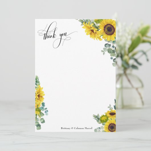 Eucalyptus en zonnebloemen in script uitwerken bedankkaart (Staand voorkant)