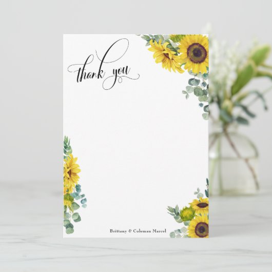 Eucalyptus en zonnebloemen in script uitwerken bedankkaart (Staand voorkant)