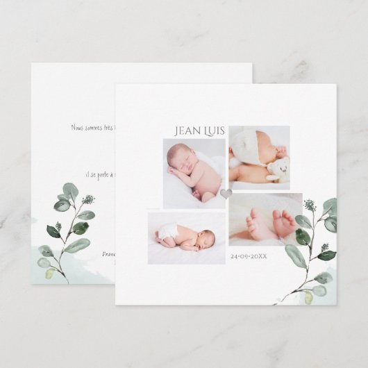 Eucalyptus Faire-part de Naissance Garçon Kaart (Voorkant / Achterkant)