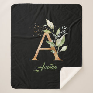 eucalyptus, faux goudfolie, glitter, groen en goud sherpa deken