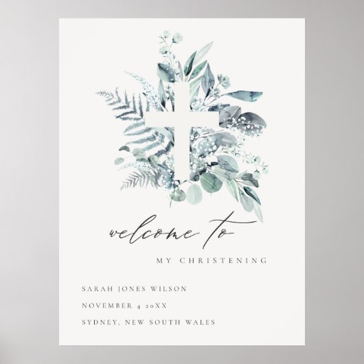 Eucalyptus Fern Fauna Cross Christening Welkom Poster (Voorkant)