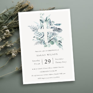 Eucalyptus Fern Foliage Cross Christening Invite Bedankkaart