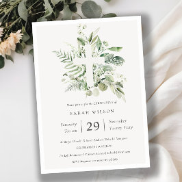 Eucalyptus Fern Foliage Cross Christening Invite Bedankkaart