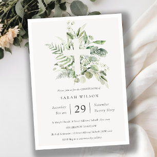 Eucalyptus Fern Foliage Cross Christening Invite Bedankkaart