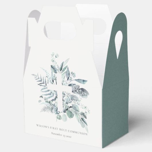 Eucalyptus Fern Foliage Cross Eerste Heilige Commu Bedankdoosjes (Geopend)