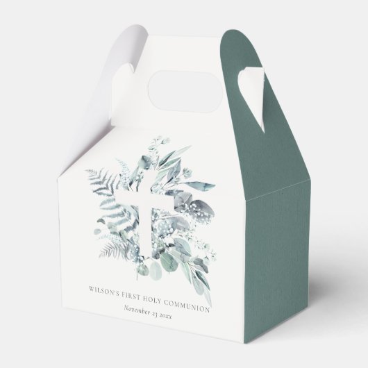 Eucalyptus Fern Foliage Cross Eerste Heilige Commu Bedankdoosjes (Voorkant Zijde)