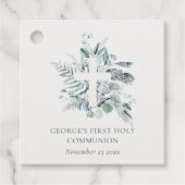 Eucalyptus Fern Foliage Cross Eerste Heilige Commu Bedankjes Labels (Voorkant)