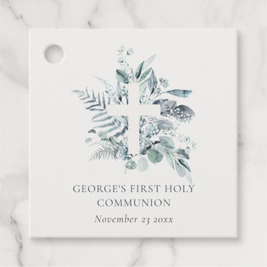 Eucalyptus Fern Foliage Cross Eerste Heilige Commu Bedankjes Labels (Voorkant)