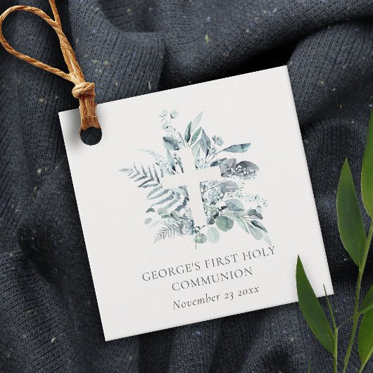 Eucalyptus Fern Foliage Cross Eerste Heilige Commu Bedankjes Labels