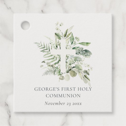 Eucalyptus Fern Foliage Cross Eerste Heilige Commu Bedankjes Labels (Voorkant)