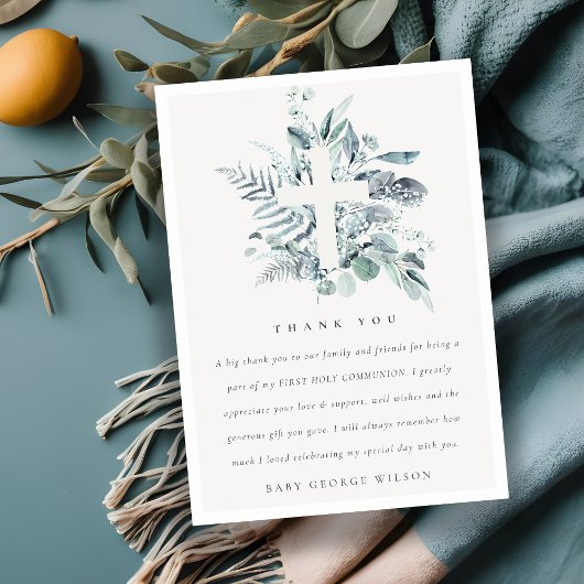 Eucalyptus Fern Foliage Cross Eerste Heilige Commu Bedankkaart