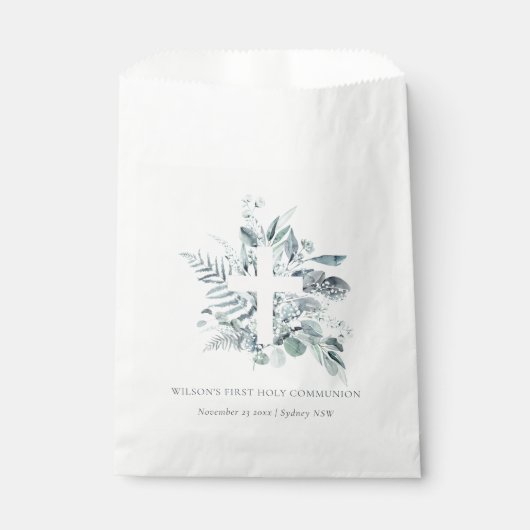Eucalyptus Fern Foliage Cross Eerste Heilige Commu Bedankzakje (Voorkant)