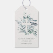 Eucalyptus Fern Foliage Cross Eerste Heilige Commu Cadeaulabel (Voorkant)