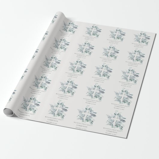 Eucalyptus Fern Foliage Cross Eerste Heilige Commu Cadeaupapier (Uitgerold)