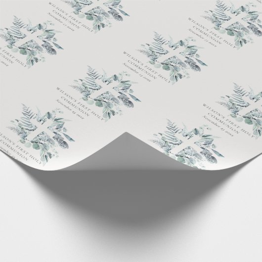 Eucalyptus Fern Foliage Cross Eerste Heilige Commu Cadeaupapier (Hoek)