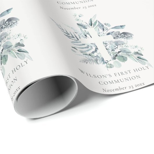 Eucalyptus Fern Foliage Cross Eerste Heilige Commu Cadeaupapier (Rol Hoek)