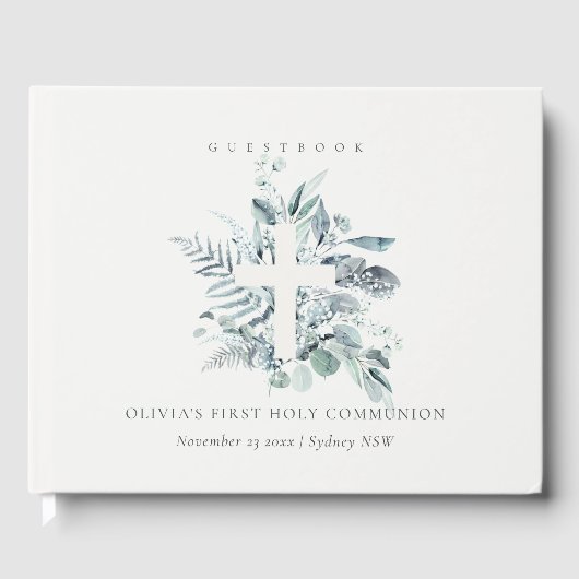Eucalyptus Fern Foliage Cross Eerste Heilige Commu Gastenboek (Voorkant)