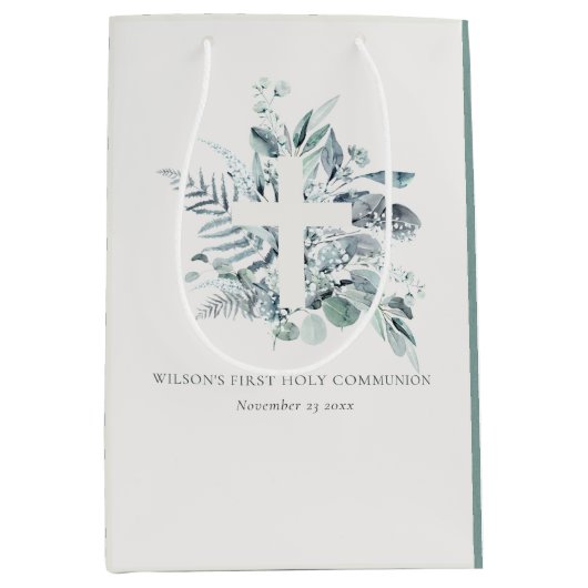 Eucalyptus Fern Foliage Cross Eerste Heilige Commu Medium Cadeauzakje (Voorkant)