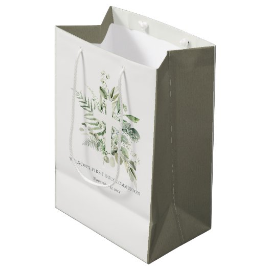 Eucalyptus Fern Foliage Cross Eerste Heilige Commu Medium Cadeauzakje (Voorkant Gekanteld)