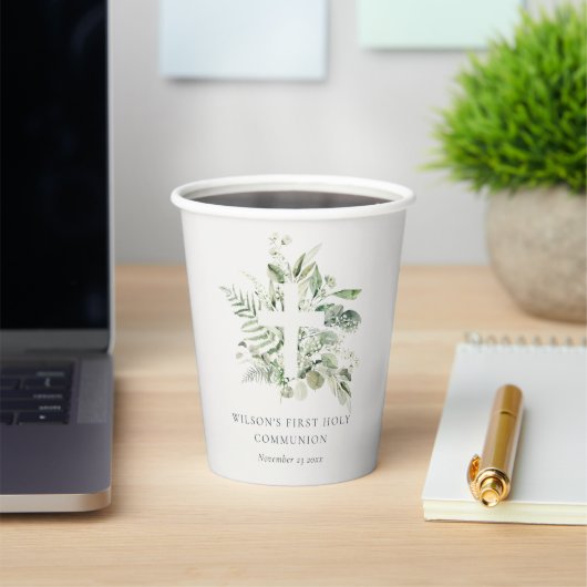 Eucalyptus Fern Foliage Cross Eerste Heilige Commu Papieren Bekers (Insitu)