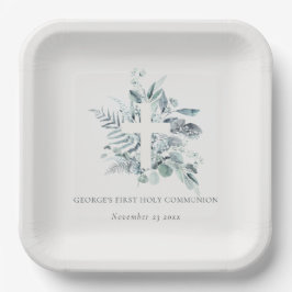 Eucalyptus Fern Foliage Cross Eerste Heilige Commu Papieren Bordje