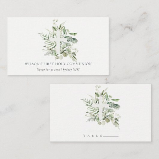 Eucalyptus Fern Foliage Cross Eerste Heilige Commu Plaatskaartje (Voorkant / Achterkant)
