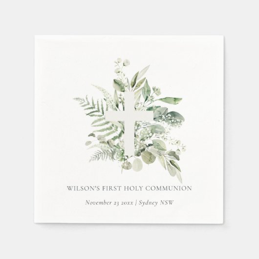 Eucalyptus Fern Foliage Cross Eerste Heilige Commu Servet (Voorkant)