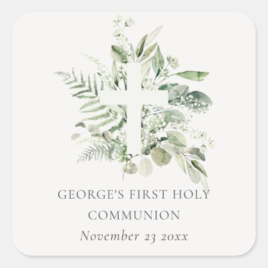 Eucalyptus Fern Foliage Cross Eerste Heilige Commu Vierkante Sticker (Voorkant)