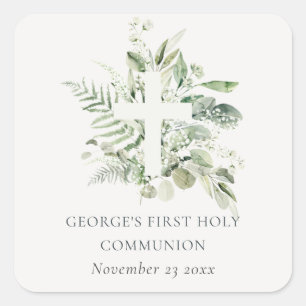 Eucalyptus Fern Foliage Cross Eerste Heilige Commu Vierkante Sticker