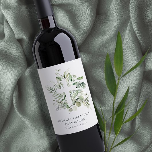 Eucalyptus Fern Foliage Cross Eerste Heilige Commu Wijn Etiket