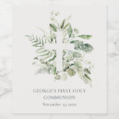 Eucalyptus Fern Foliage Cross Eerste Heilige Commu Wijn Etiket (Enkel label)