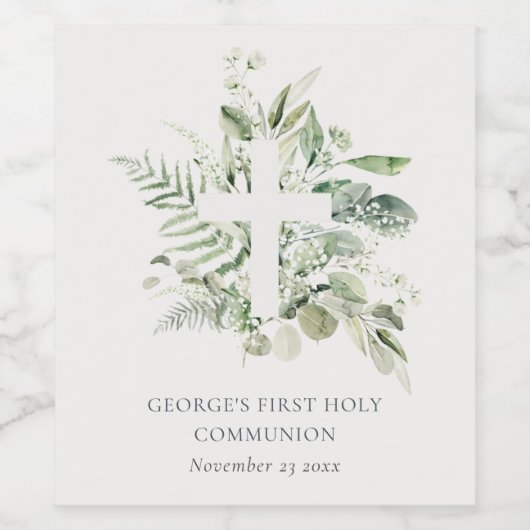 Eucalyptus Fern Foliage Cross Eerste Heilige Commu Wijn Etiket (Enkel label)
