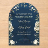 Eucalyptus Ferns White Flowers Navy Archway Acryl Uitnodigingen (Voorkant)