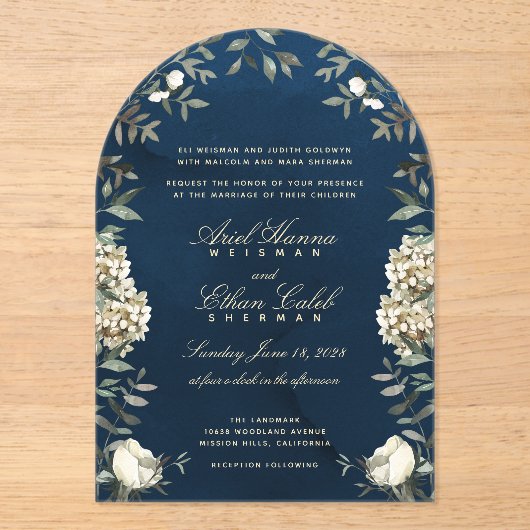 Eucalyptus Ferns White Flowers Navy Archway Acryl Uitnodigingen (Voorkant)