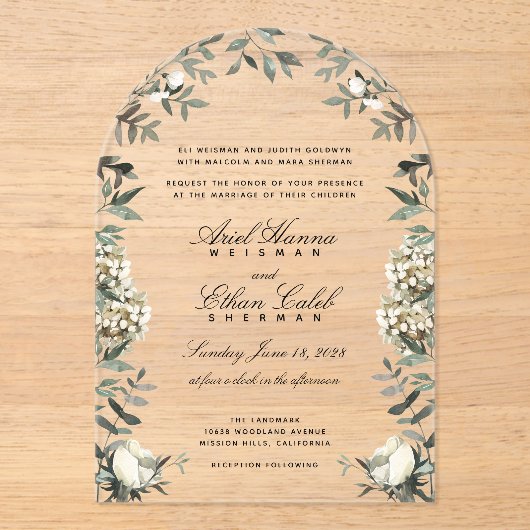 Eucalyptus Ferns Witte bloemen Archway Achternamen Acryl Uitnodigingen (Voorkant)