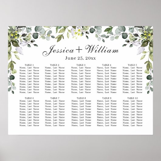 Eucalyptus Floral 10 Tables Wedding SEATING CHART Poster (Voorkant)