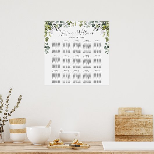 Eucalyptus Floral 15 Tables Wedding SEATING CHART Poster (Keuken)