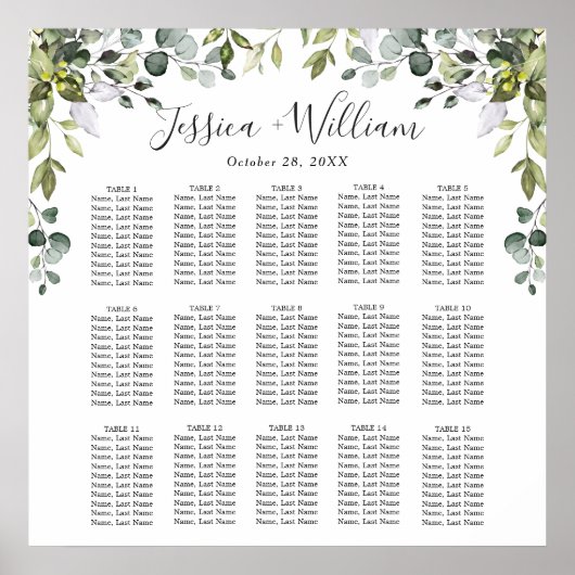 Eucalyptus Floral 15 Tables Wedding SEATING CHART Poster (Voorkant)