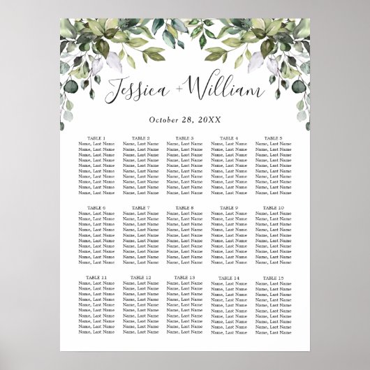 Eucalyptus Floral 15 Tables Wedding SEATING CHART Poster (Voorkant)