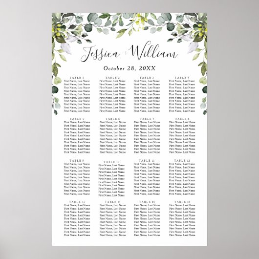 Eucalyptus Floral 16 Tables Wedding SEATING CHART Poster (Voorkant)