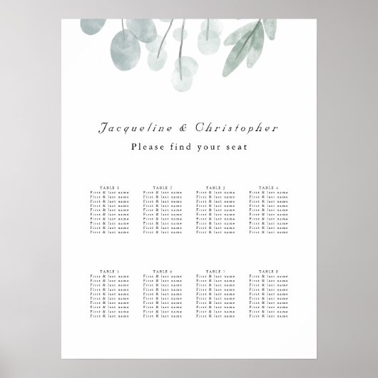 Eucalyptus Floral 8 Table Wedding Seding Chart Poster (Voorkant)