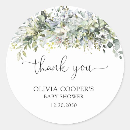 Eucalyptus Floral Baby shower Ronde Sticker (Voorkant)