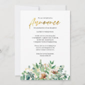Eucalyptus Floral Elegant Gold Script Afstuderen Aankondiging (Achterkant)