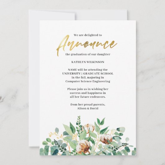 Eucalyptus Floral Elegant Gold Script Afstuderen Aankondiging (Achterkant)