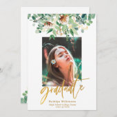 Eucalyptus Floral Elegant Gold Script Afstuderen Aankondiging (Voorkant / Achterkant)