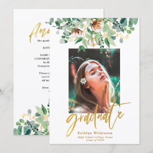 Eucalyptus Floral Elegant Gold Script Afstuderen Aankondiging