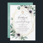 Eucalyptus Floral Geometric Bat Mitzvah Kaart<br><div class="desc">Trendy eucalyptus greenery en papaverbloemen in pastelschoppen slaan de weg naar mitzvah met een gouden geometrische lijst en elegante handschrift typografie.</div>