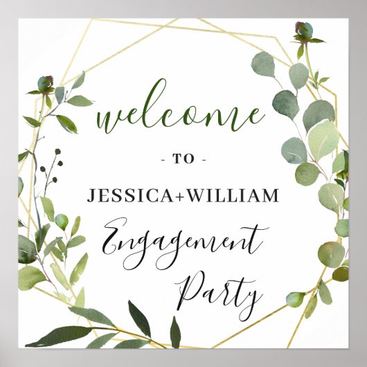 Eucalyptus Floral Geometric Lijst Engagement Party Poster (Voorkant)