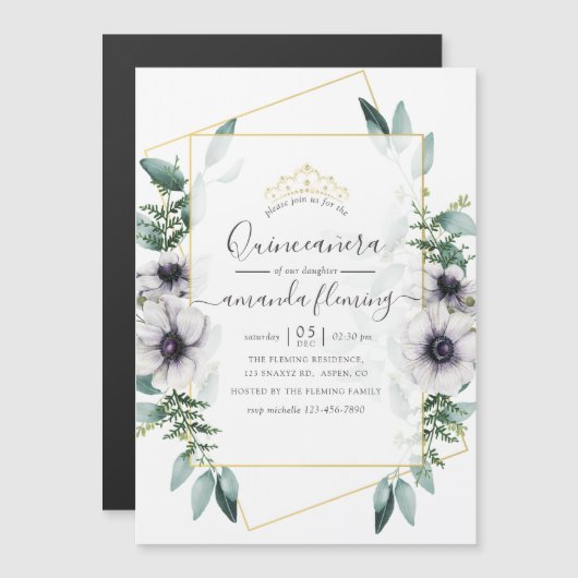 Eucalyptus Floral Geometric Quinceañera Magnetische Uitnodiging (Voorkant / Achterkant)