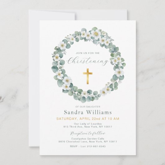 Eucalyptus Floral Krans doop uitnodiging (Voorkant)